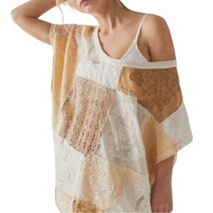 NWT FREE PEOPLE Lace Patchwork Open Back Short Sleeve Top Size Extra Small
